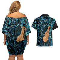 Kotiate New Zealand Couples Matching Off Shoulder Short Dress and Hawaiian Shirt Maori Weapon Paua Shell Haka Fern