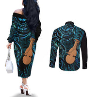 Kotiate New Zealand Couples Matching Off The Shoulder Long Sleeve Dress and Long Sleeve Button Shirt Maori Weapon Paua Shell Haka Fern