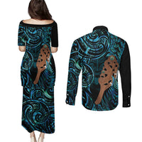 Maripi New Zealand Couples Matching Puletasi and Long Sleeve Button Shirt Maori Weapon Paua Shell Haka Fern