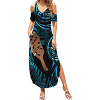 Maripi New Zealand Family Matching Summer Maxi Dress and Hawaiian Shirt Maori Weapon Paua Shell Haka Fern LT14 Mom's Dress Turquoise - Polynesian Pride