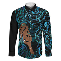 Maripi New Zealand Family Matching Tank Maxi Dress and Hawaiian Shirt Maori Weapon Paua Shell Haka Fern LT14 Dad's Shirt - Long Sleeve Turquoise - Polynesian Pride