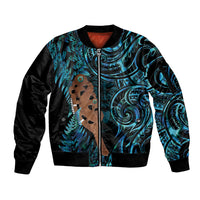 Maripi New Zealand Sleeve Zip Bomber Jacket Maori Weapon Paua Shell Haka Fern LT14 Unisex Turquoise - Polynesian Pride