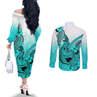 Hawaii Couples Matching Off The Shoulder Long Sleeve Dress and Long Sleeve Button Shirts Polynesian Shark Tattoo With Plumeria Turquoise Gradient LT14 - Polynesian Pride