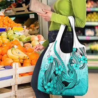 Turquoise Gradient Hawaii Grocery Bag Polynesian Shark Tattoo With Plumeria