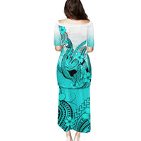 Hawaii Puletasi Polynesian Shark Tattoo With Plumeria Turquoise Gradient LT14 - Polynesian Pride