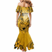 Gold Hawaii Family Matching Outfits Mermaid Dress And Hawaiian Shirt Polynesian Shark Tattoo LT14 - Polynesian Pride