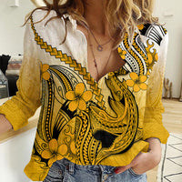 Hawaii Women Casual Shirt Polynesian Shark Tattoo With Plumeria Gold Gradient LT14 Female Gold - Polynesian Pride