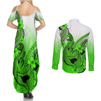 Hawaii Couples Matching Summer Maxi Dress and Long Sleeve Button Shirts Polynesian Shark Tattoo With Plumeria Green Gradient LT14 - Polynesian Pride