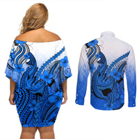 Hawaii Couples Matching Off Shoulder Short Dress and Long Sleeve Button Shirts Polynesian Shark Tattoo With Plumeria Blue Gradient LT14 - Polynesian Pride