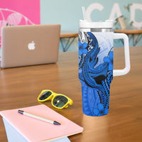 Hawaii Tumbler With Handle Polynesian Shark Tattoo With Plumeria Blue Gradient