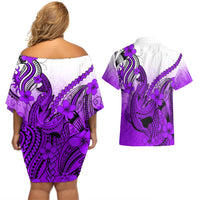 Hawaii Couples Matching Off Shoulder Short Dress and Hawaiian Shirt Polynesian Shark Tattoo With Plumeria Purple Gradient LT14 - Polynesian Pride