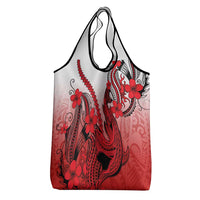 Red Gradient Hawaii Grocery Bag Polynesian Shark Tattoo With Plumeria