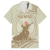 Personalised Hawaii Monk Seal Family Matching Off Shoulder Short Dress and Hawaiian Shirt Polynesian Tattoo With Tropical Flowers - Beige Pastel