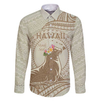 Personalised Hawaii Monk Seal Family Matching Puletasi and Hawaiian Shirt Polynesian Tattoo With Tropical Flowers - Beige Pastel LT14 Dad's Shirt - Long Sleeve Beige - Polynesian Pride