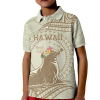 Personalised Hawaii Monk Seal Kid Polo Shirt Polynesian Tattoo With Tropical Flowers - Beige Pastel LT14 Kid Beige - Polynesian Pride