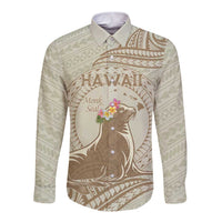 Personalised Hawaii Monk Seal Long Sleeve Button Shirt Polynesian Tattoo With Tropical Flowers - Beige Pastel