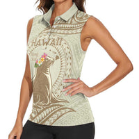 Personalised Hawaii Monk Seal Women Sleeveless Polo Shirt Polynesian Tattoo With Tropical Flowers - Beige Pastel LT14 - Polynesian Pride