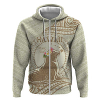 Personalised Hawaii Monk Seal Zip Hoodie Polynesian Tattoo With Tropical Flowers - Beige Pastel