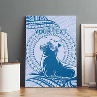 Personalised Hawaii Monk Seal Canvas Wall Art Polynesian Tattoo With Tropical Flowers - Blue Pastel