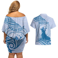 Personalised Hawaii Monk Seal Couples Matching Off Shoulder Short Dress and Hawaiian Shirt Polynesian Tattoo With Tropical Flowers - Blue Pastel