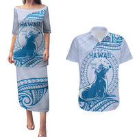Personalised Hawaii Monk Seal Couples Matching Puletasi and Hawaiian Shirt Polynesian Tattoo With Tropical Flowers - Blue Pastel