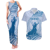 Personalised Hawaii Monk Seal Couples Matching Tank Maxi Dress and Hawaiian Shirt Polynesian Tattoo With Tropical Flowers - Blue Pastel
