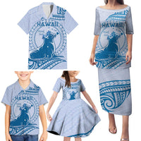 Personalised Hawaii Monk Seal Family Matching Puletasi and Hawaiian Shirt Polynesian Tattoo With Tropical Flowers - Blue Pastel LT14 - Polynesian Pride