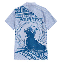 Personalised Hawaii Monk Seal Family Matching Puletasi and Hawaiian Shirt Polynesian Tattoo With Tropical Flowers - Blue Pastel LT14 - Polynesian Pride