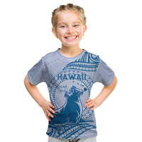 Personalised Hawaii Monk Seal Kid T Shirt Polynesian Tattoo With Tropical Flowers - Blue Pastel LT14 Blue - Polynesian Pride