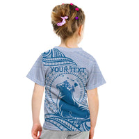 Personalised Hawaii Monk Seal Kid T Shirt Polynesian Tattoo With Tropical Flowers - Blue Pastel LT14 - Polynesian Pride