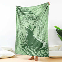 Personalised Hawaii Monk Seal Blanket Polynesian Tattoo With Tropical Flowers - Green Pastel