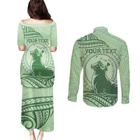 Personalised Hawaii Monk Seal Couples Matching Puletasi and Long Sleeve Button Shirt Polynesian Tattoo With Tropical Flowers - Green Pastel