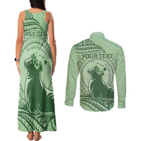Personalised Hawaii Monk Seal Couples Matching Tank Maxi Dress and Long Sleeve Button Shirt Polynesian Tattoo With Tropical Flowers - Green Pastel