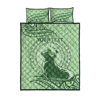 Personalised Hawaii Monk Seal Quilt Bed Set Polynesian Tattoo With Tropical Flowers - Green Pastel