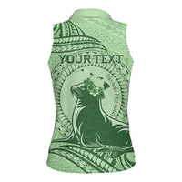 Personalised Hawaii Monk Seal Women Sleeveless Polo Shirt Polynesian Tattoo With Tropical Flowers - Green Pastel LT14 - Polynesian Pride