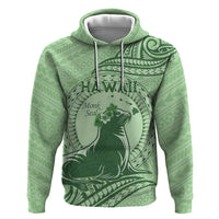 Personalised Hawaii Monk Seal Zip Hoodie Polynesian Tattoo With Tropical Flowers - Green Pastel