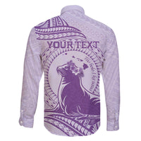 Personalised Hawaii Monk Seal Family Matching Off The Shoulder Long Sleeve Dress and Hawaiian Shirt Polynesian Tattoo With Tropical Flowers - Purple Pastel