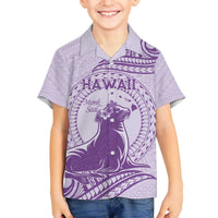 Personalised Hawaii Monk Seal Family Matching Puletasi and Hawaiian Shirt Polynesian Tattoo With Tropical Flowers - Purple Pastel LT14 Son's Shirt Purple - Polynesian Pride