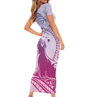 Personalised Hawaii Monk Seal Short Sleeve Bodycon Dress Polynesian Tattoo With Tropical Flowers - Purple Gradient LT14 - Polynesian Pride
