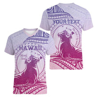 Personalised Hawaii Monk Seal Women V-Neck T-Shirt Polynesian Tattoo With Tropical Flowers - Purple Gradient