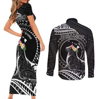 Personalised Hawaii Monk Seal Couples Matching Short Sleeve Bodycon Dress and Long Sleeve Button Shirt Polynesian Tattoo With Tropical Flowers - Black