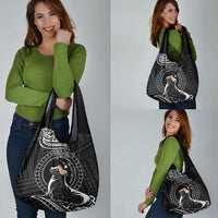 Personalised Hawaii Monk Seal Grocery Bag Polynesian Tattoo With Tropical Flowers - Black