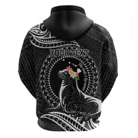 Personalised Hawaii Monk Seal Zip Hoodie Polynesian Tattoo With Tropical Flowers - Black