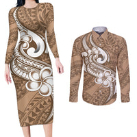 Polynesia Couples Matching Long Sleeve Bodycon Dress and Long Sleeve Button Shirts Plumeria With Tribal Pattern Brown Pastel Vibes LT14 Brown - Polynesian Pride