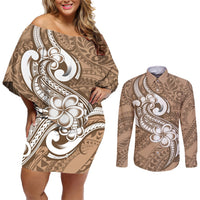 Polynesia Couples Matching Off Shoulder Short Dress and Long Sleeve Button Shirts Plumeria With Tribal Pattern Brown Pastel Vibes LT14 Brown - Polynesian Pride
