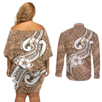 Polynesia Couples Matching Off Shoulder Short Dress and Long Sleeve Button Shirts Plumeria With Tribal Pattern Brown Pastel Vibes LT14 - Polynesian Pride