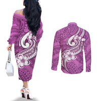Polynesia Couples Matching Off The Shoulder Long Sleeve Dress and Long Sleeve Button Shirts Plumeria With Tribal Pattern Pink Pastel Vibes LT14 - Polynesian Pride