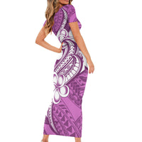 Polynesia Short Sleeve Bodycon Dress Plumeria With Tribal Pattern Pink Pastel Vibes LT14 - Polynesian Pride