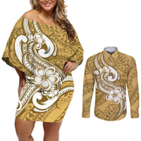 Polynesia Couples Matching Off Shoulder Short Dress and Long Sleeve Button Shirts Plumeria With Tribal Pattern Yellow Pastel Vibes LT14 Yellow - Polynesian Pride