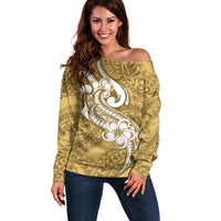Polynesia Off Shoulder Sweater Plumeria With Tribal Pattern Yellow Pastel Vibes LT14 Women Yellow - Polynesian Pride